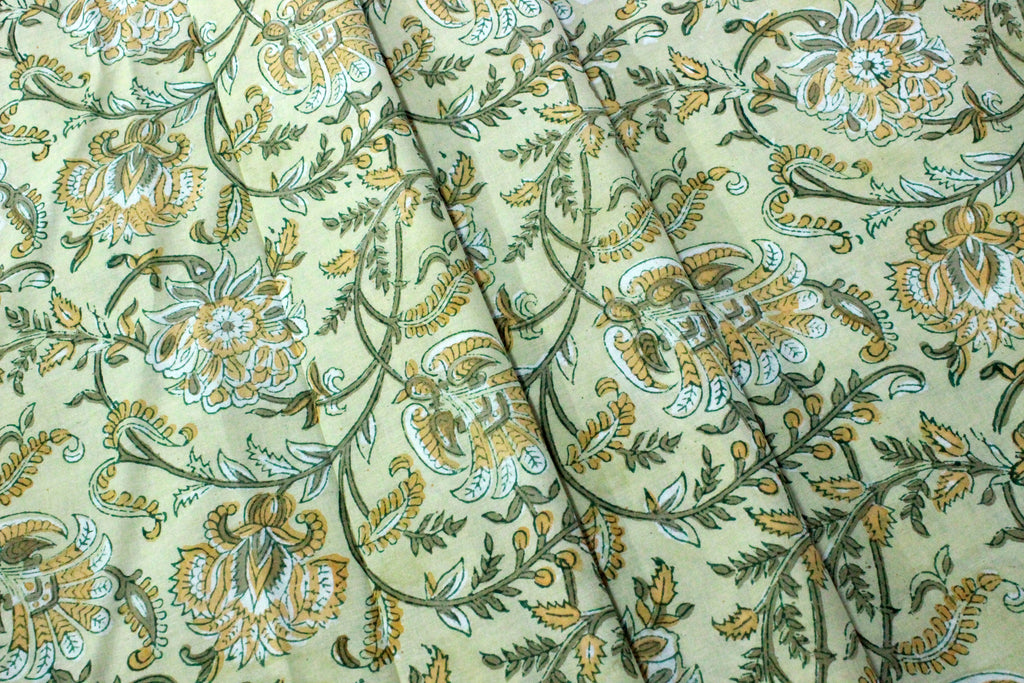 Floral Hand Block Print Cotton Fabric: Yellow & Green Indian Mughal Design