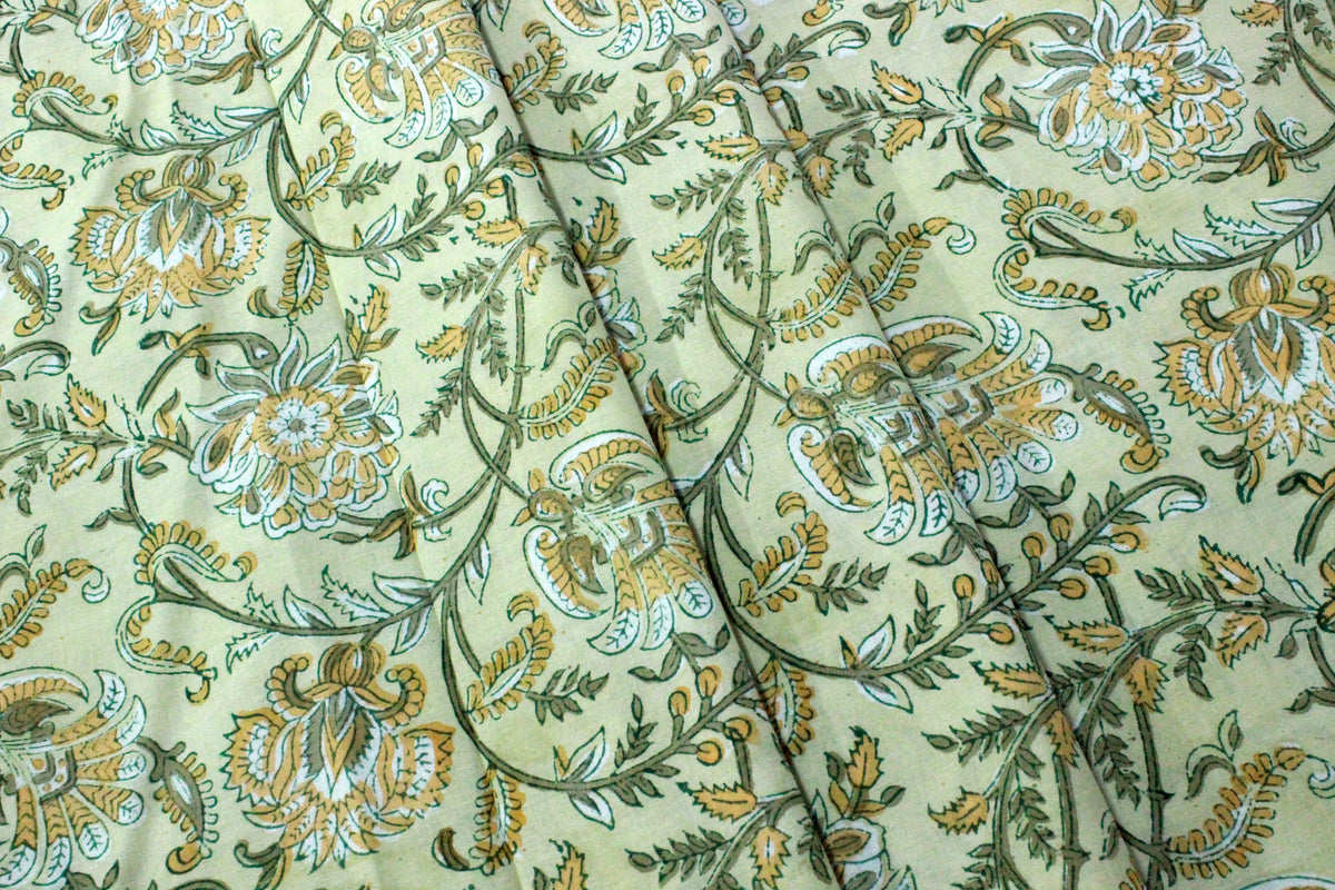 Floral Hand Block Print Cotton Fabric: Yellow & Green Indian Mughal Design