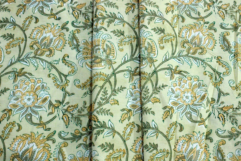 Floral Hand Block Print Cotton Fabric: Yellow & Green Indian Mughal Design
