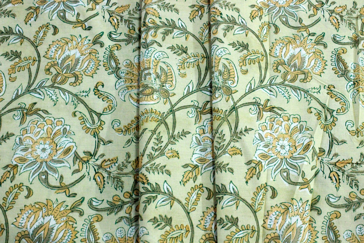 Floral Hand Block Print Cotton Fabric: Yellow & Green Indian Mughal Design