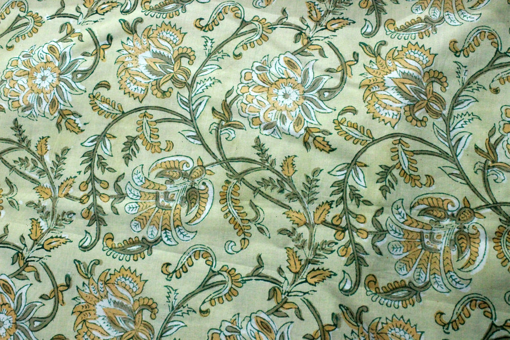 Floral Hand Block Print Cotton Fabric: Yellow & Green Indian Mughal Design