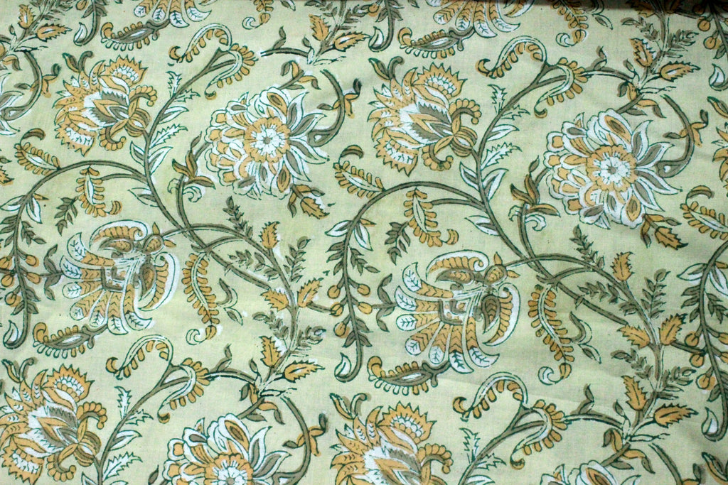Floral Hand Block Print Cotton Fabric: Yellow & Green Indian Mughal Design