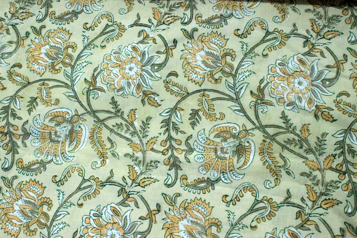 Floral Hand Block Print Cotton Fabric: Yellow & Green Indian Mughal Design