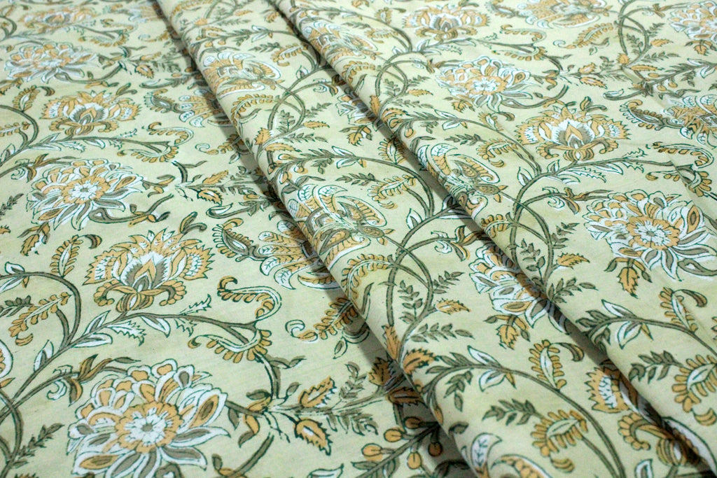 Floral Hand Block Print Cotton Fabric: Yellow & Green Indian Mughal Design
