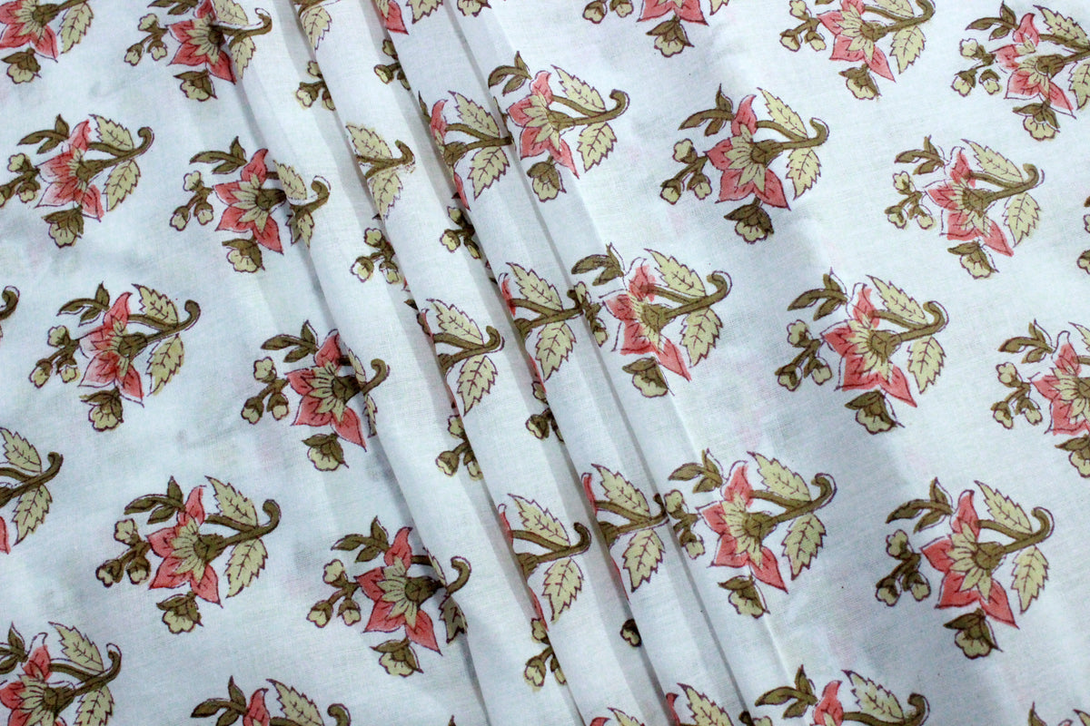 Mughal Print Cotton Fabric By The Yard: Orange & White Indian Block Print