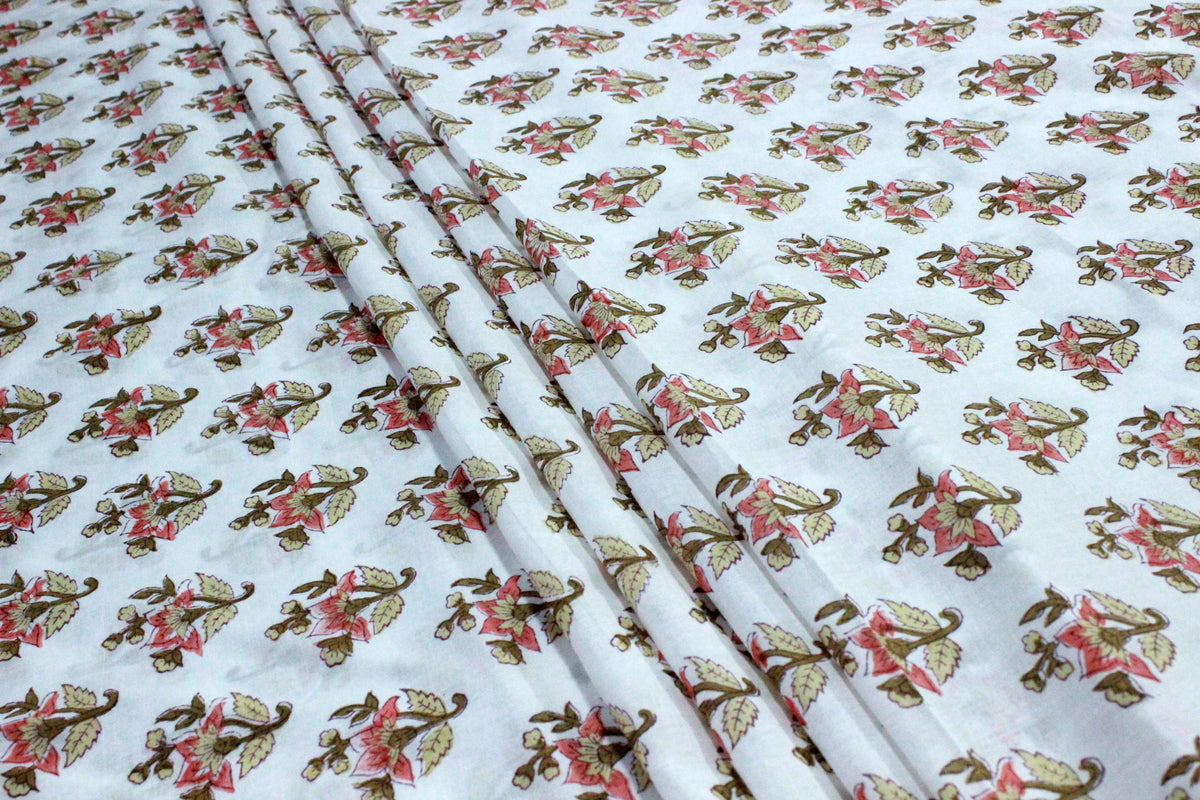 Mughal Print Cotton Fabric By The Yard: Orange & White Indian Block Print