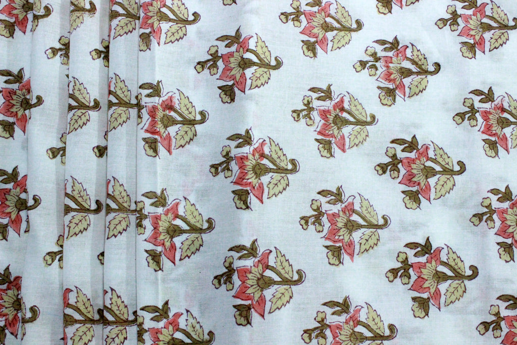 Mughal Print Cotton Fabric By The Yard: Orange & White Indian Block Print