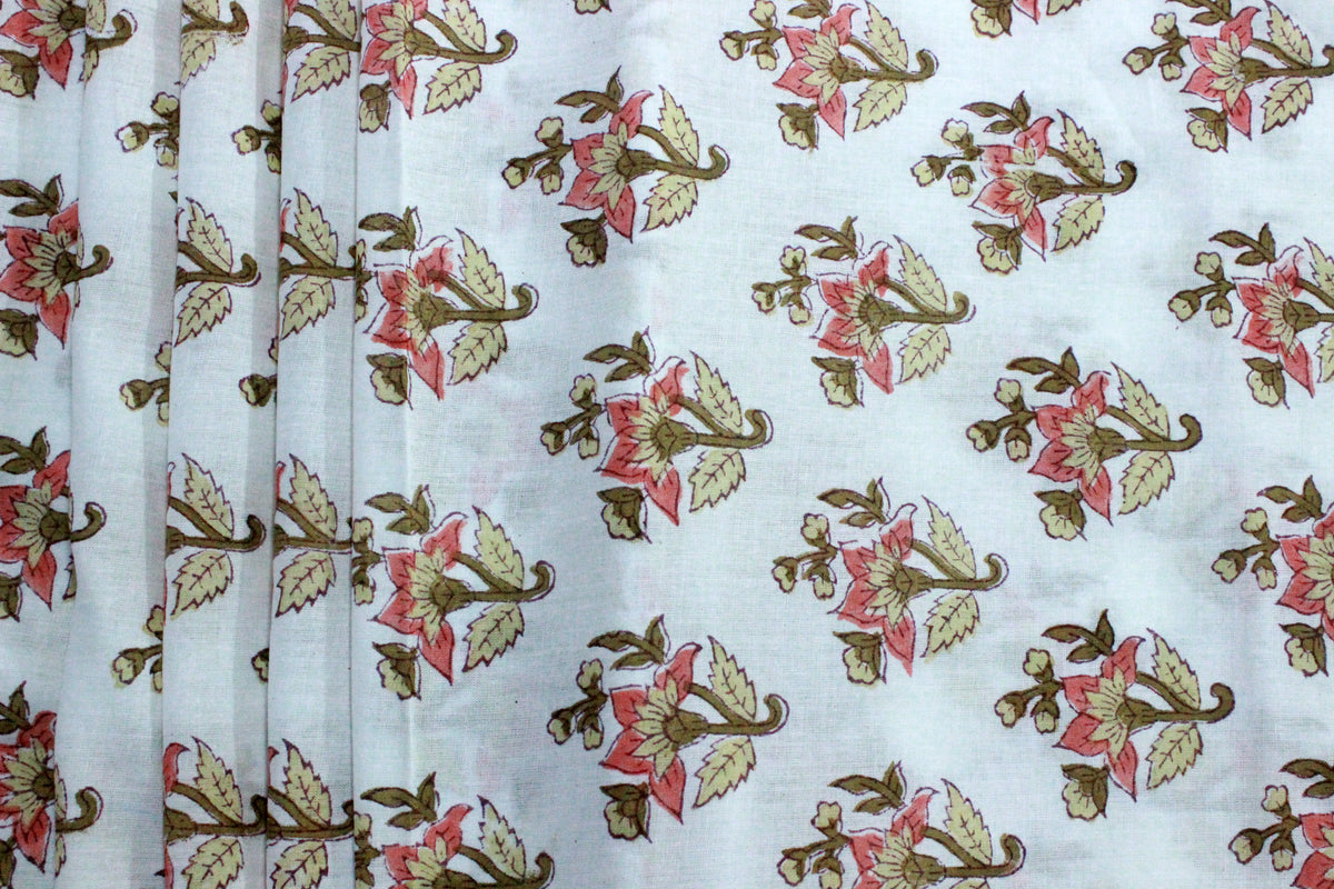 Mughal Print Cotton Fabric By The Yard: Orange & White Indian Block Print