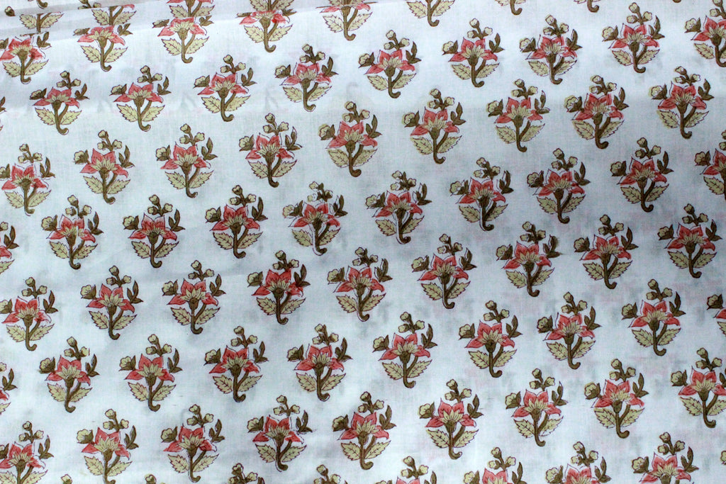 Mughal Print Cotton Fabric By The Yard: Orange & White Indian Block Print