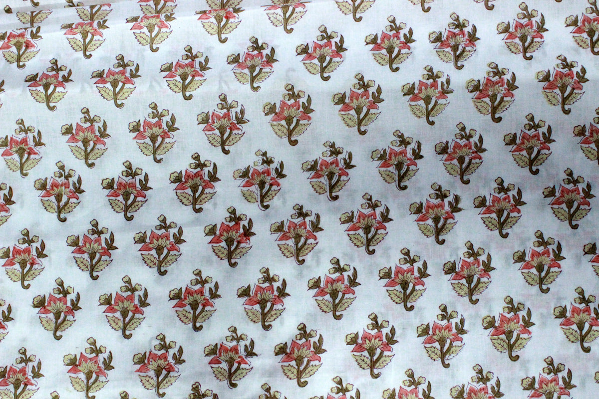 Mughal Print Cotton Fabric By The Yard: Orange & White Indian Block Print