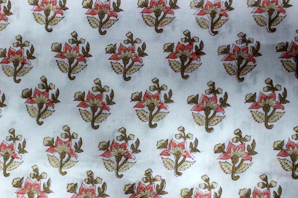 Mughal Print Cotton Fabric By The Yard: Orange & White Indian Block Print
