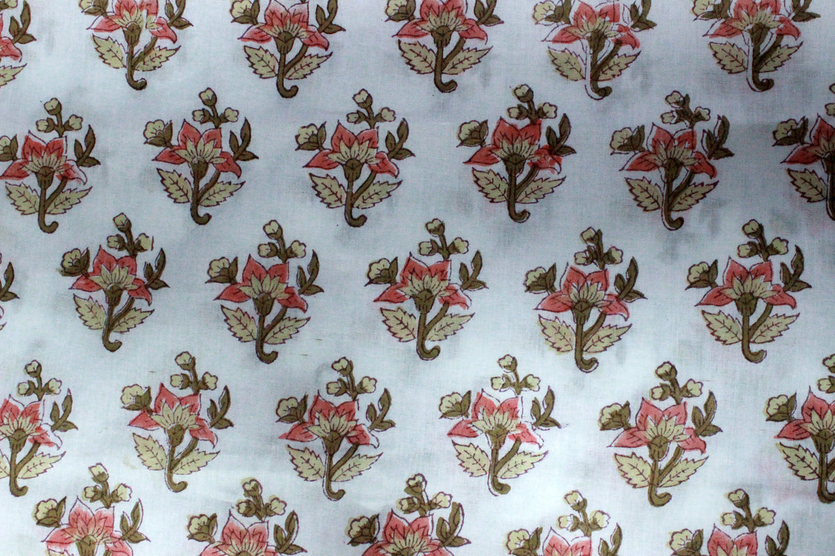 Mughal Print Cotton Fabric By The Yard: Orange & White Indian Block Print