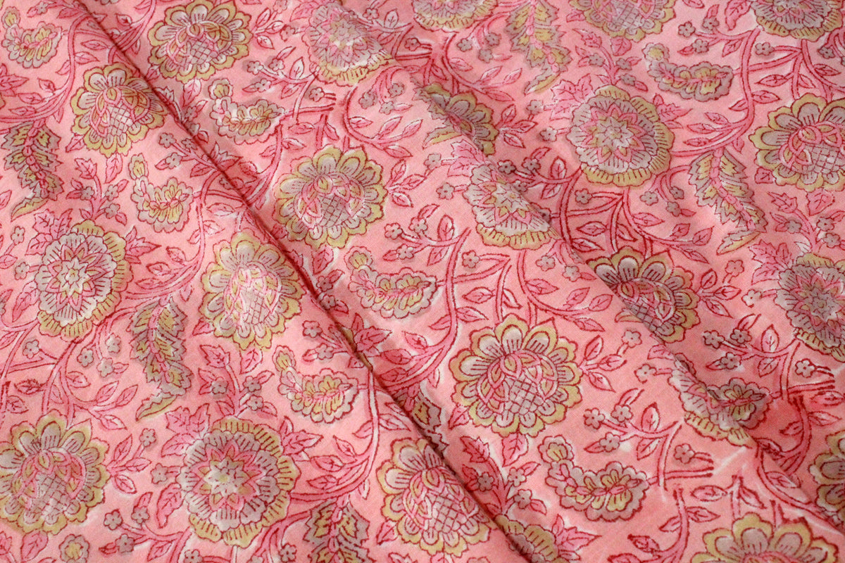 Pink Mughal Print Cotton Fabric: Hand Block Printed Indian Fabric