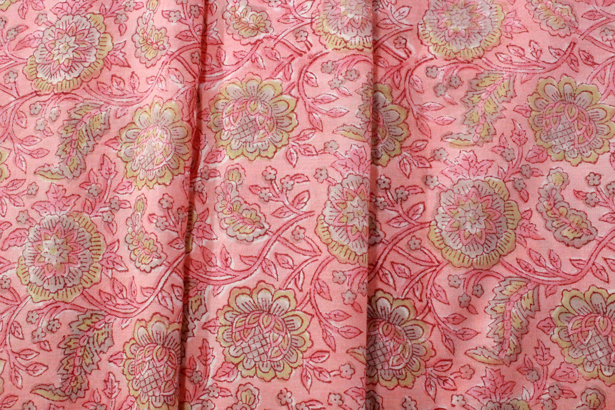 Pink Mughal Print Cotton Fabric: Hand Block Printed Indian Fabric