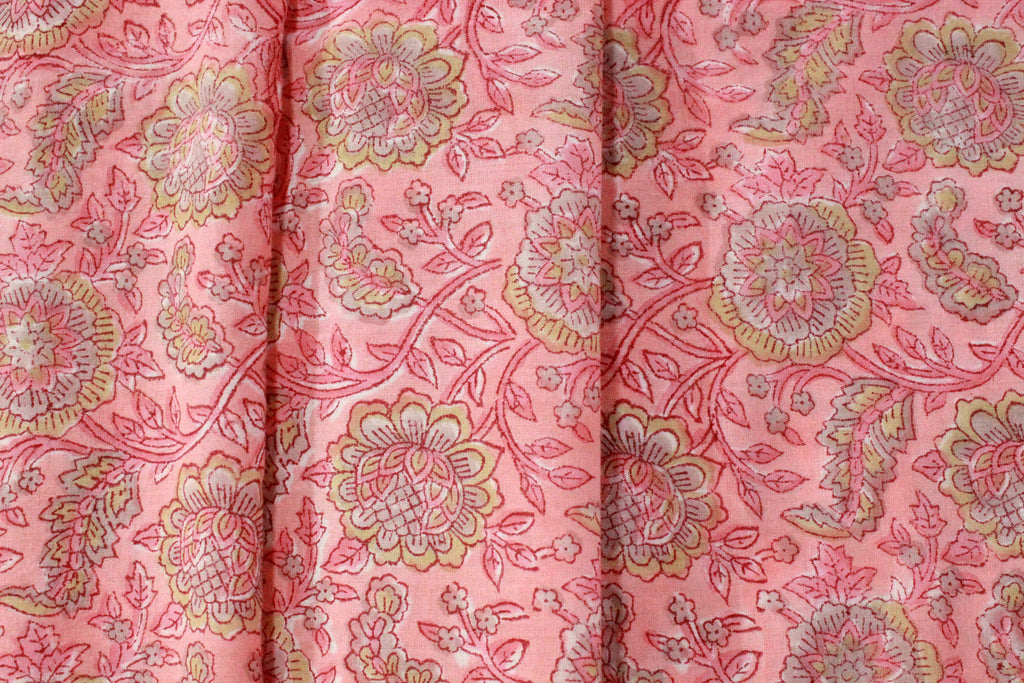 Pink Mughal Print Cotton Fabric: Hand Block Printed Indian Fabric