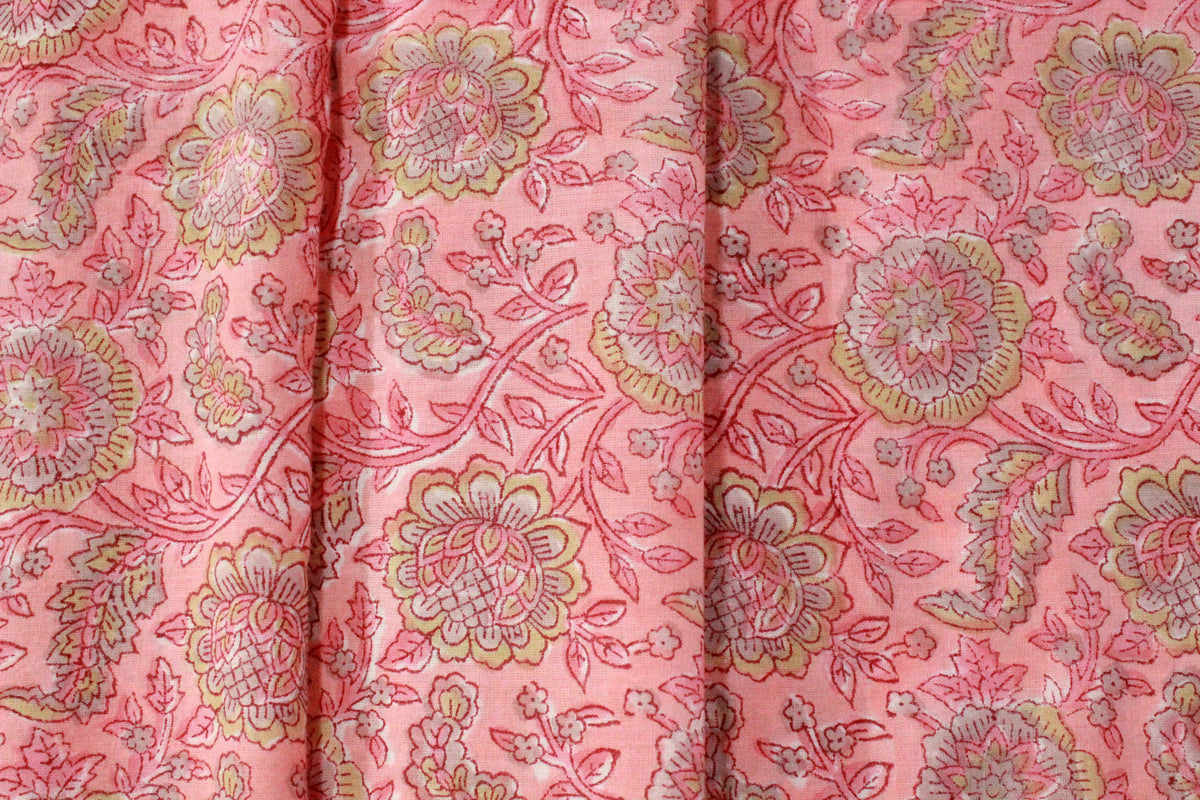 Pink Mughal Print Cotton Fabric: Hand Block Printed Indian Fabric