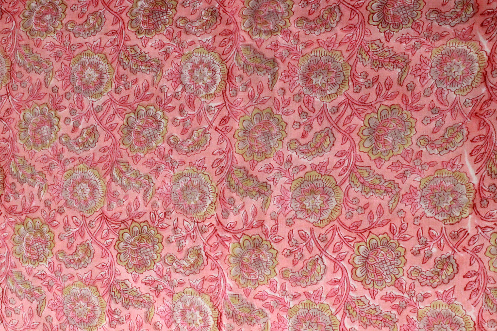 Pink Mughal Print Cotton Fabric: Hand Block Printed Indian Fabric