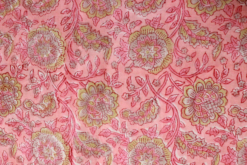 Pink Mughal Print Cotton Fabric: Hand Block Printed Indian Fabric