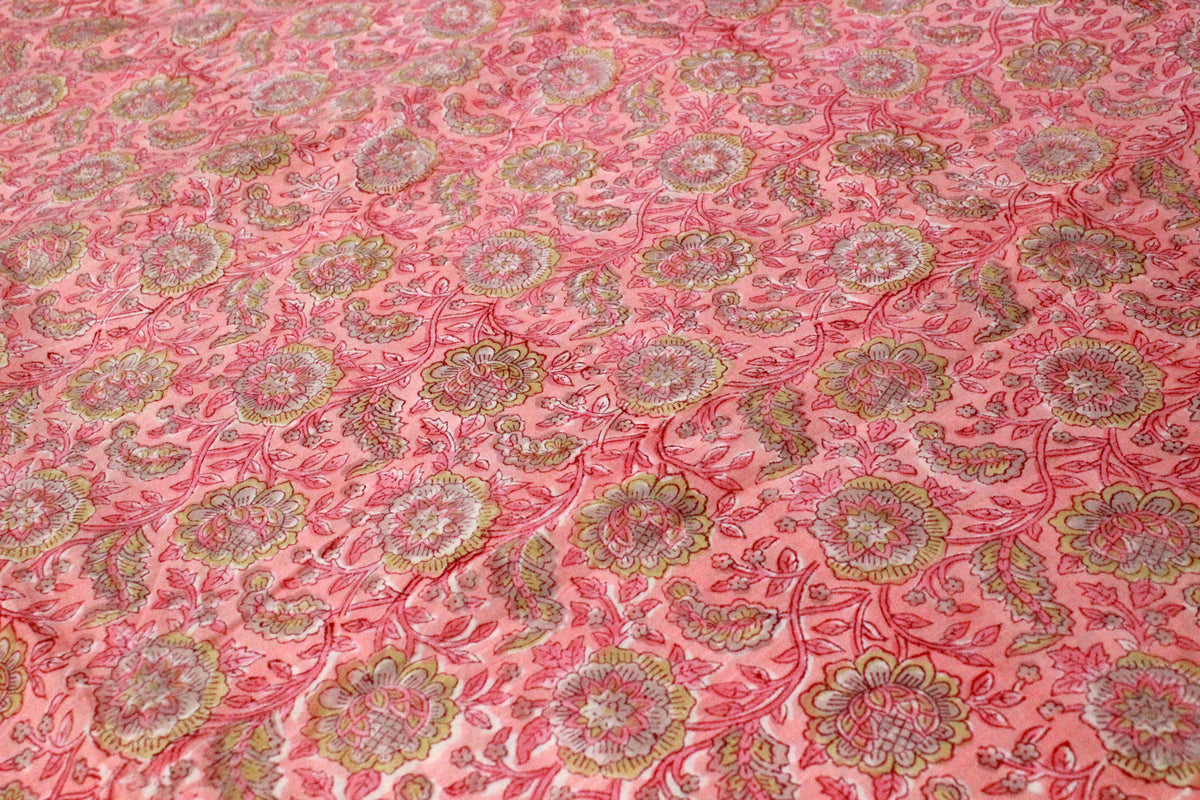 Pink Mughal Print Cotton Fabric: Hand Block Printed Indian Fabric
