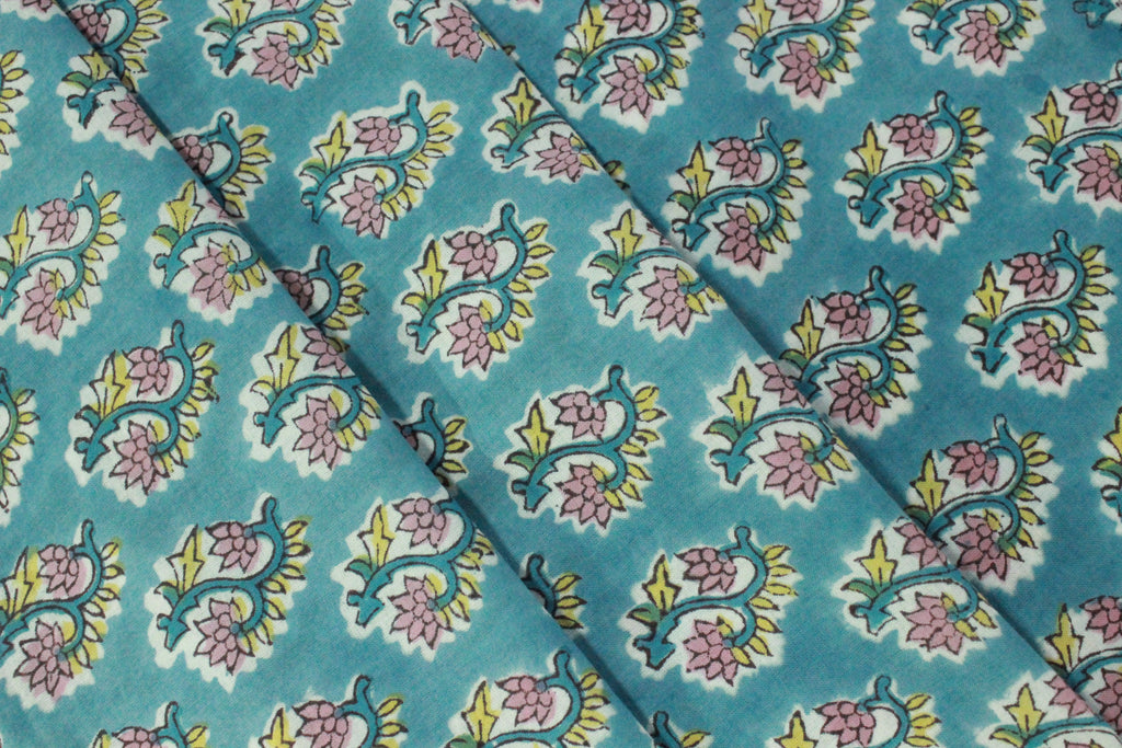 Blue & Yellow Mughal Print Cotton Fabric: Hand Block Printed by the Yard