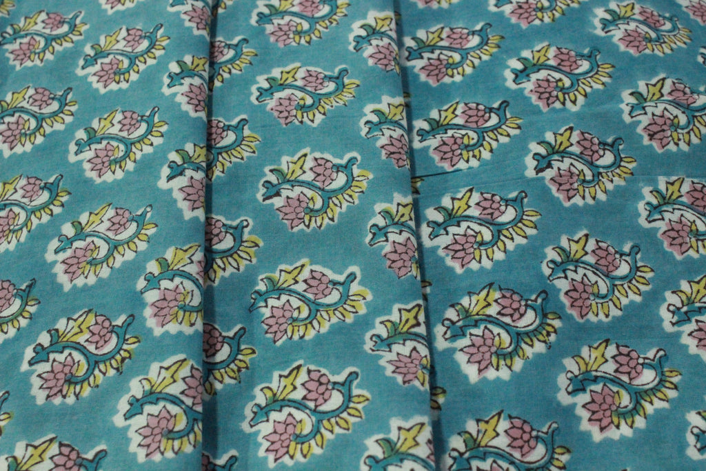 Blue & Yellow Mughal Print Cotton Fabric: Hand Block Printed by the Yard