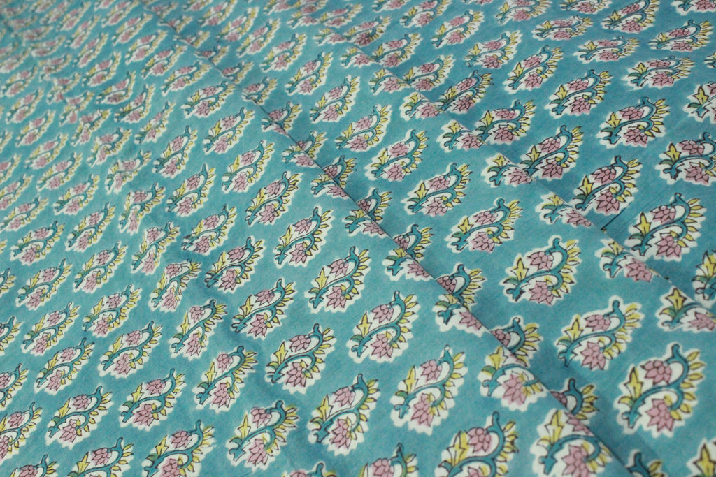 Blue & Yellow Mughal Print Cotton Fabric: Hand Block Printed by the Yard
