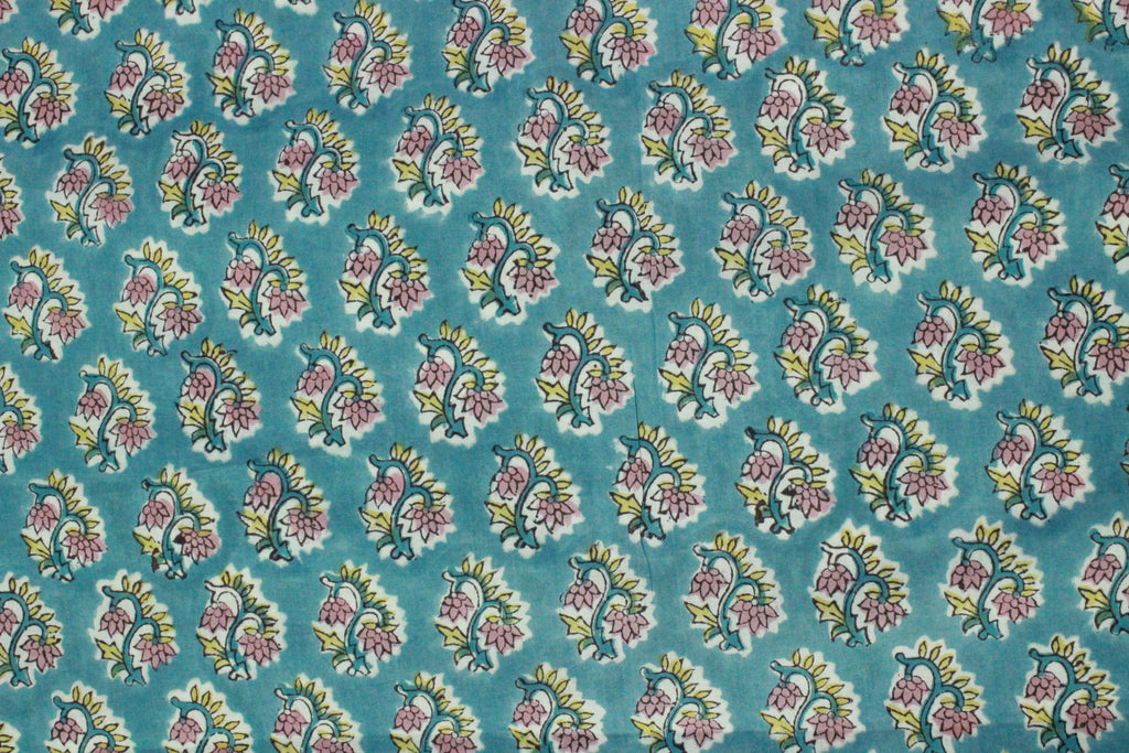 Blue & Yellow Mughal Print Cotton Fabric: Hand Block Printed by the Yard