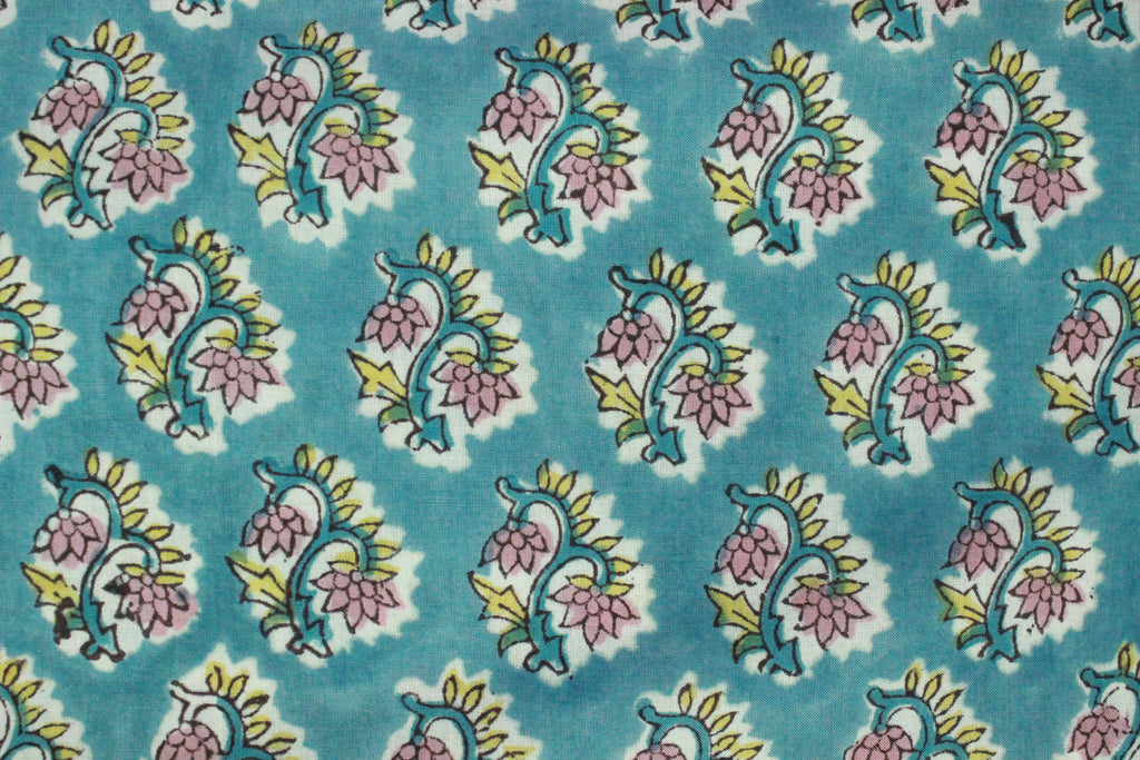 Blue & Yellow Mughal Print Cotton Fabric: Hand Block Printed by the Yard