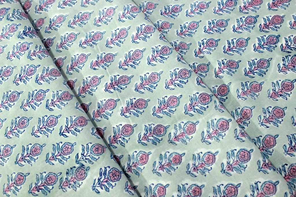 Grey and Pink colour pure cotton block print kurti fabric, dress material