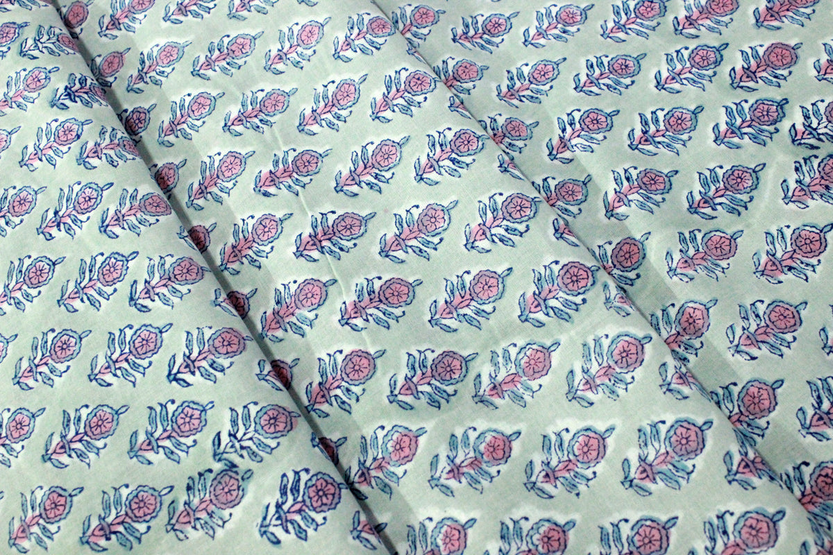 Grey and Pink colour pure cotton block print kurti fabric, dress material