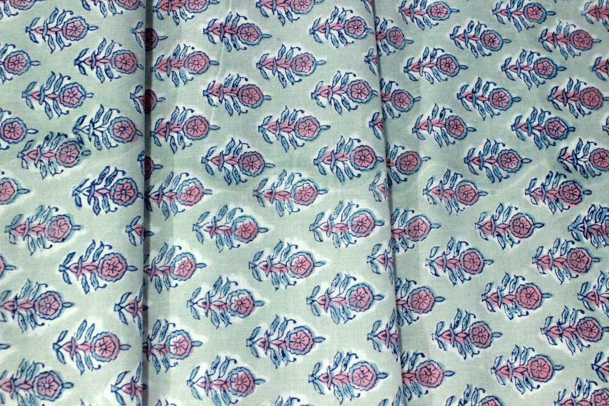 Grey and Pink colour pure cotton block print kurti fabric, dress material