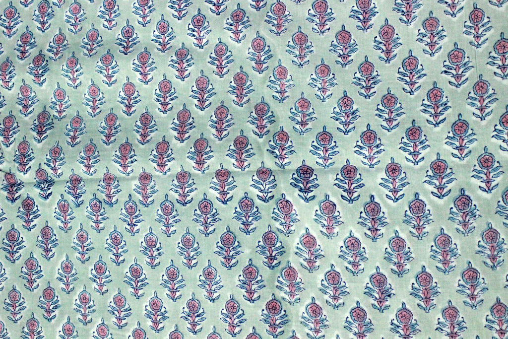 Grey and Pink colour pure cotton block print kurti fabric, dress material