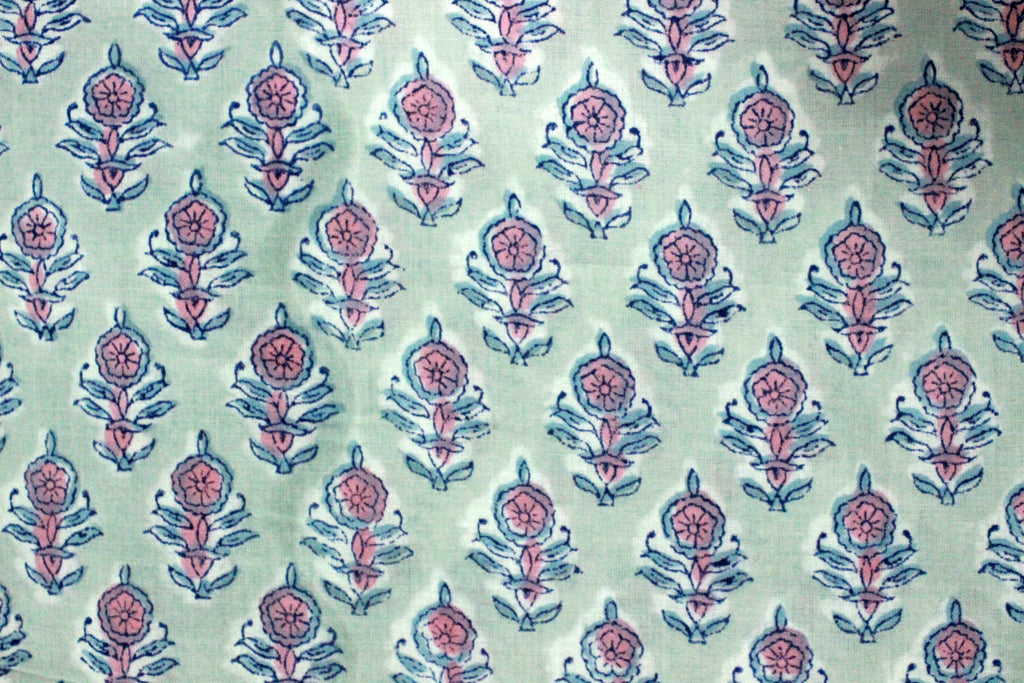 Grey and Pink colour pure cotton block print kurti fabric, dress material