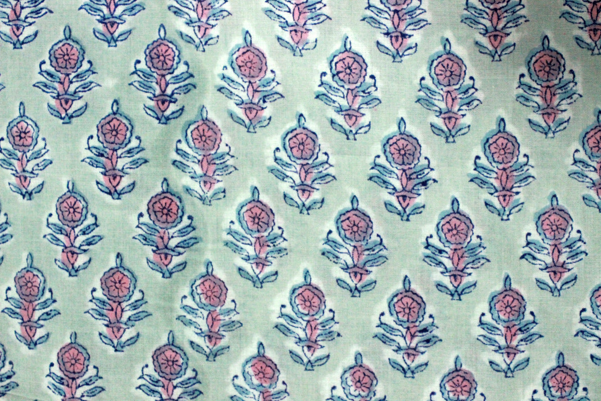 Grey and Pink colour pure cotton block print kurti fabric, dress material