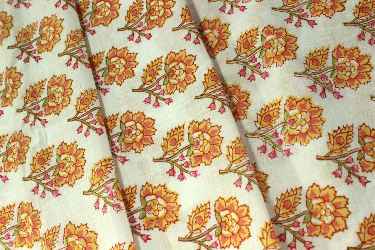 Orange Mughal Print Cotton Fabric By The Yard: Hand Block Printed