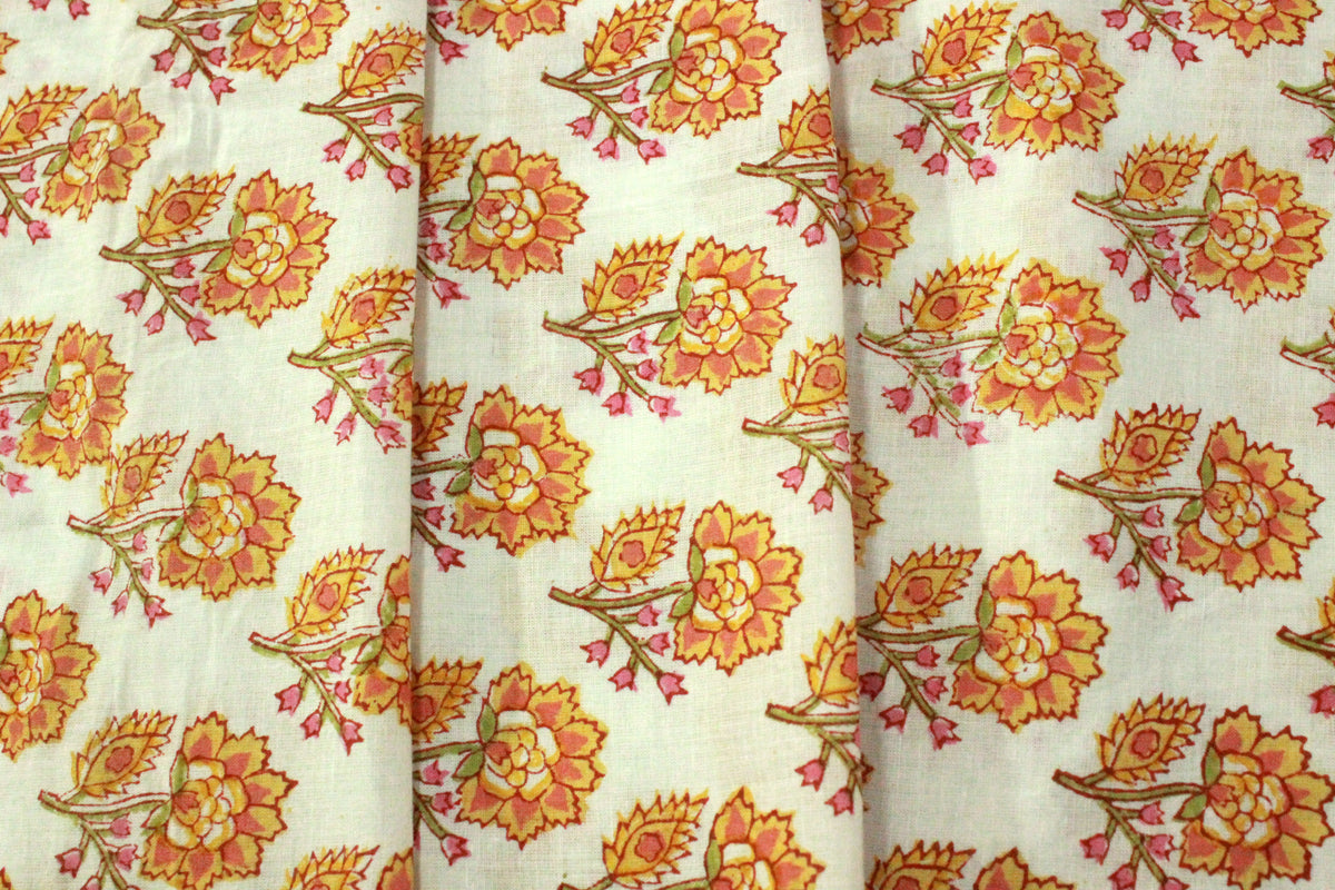Orange Mughal Print Cotton Fabric By The Yard: Hand Block Printed