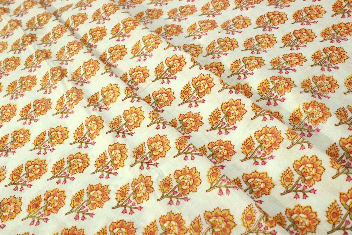 Orange Mughal Print Cotton Fabric By The Yard: Hand Block Printed