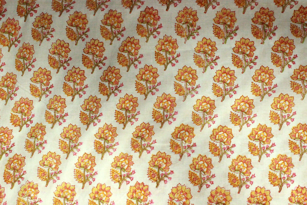 Orange Mughal Print Cotton Fabric By The Yard: Hand Block Printed