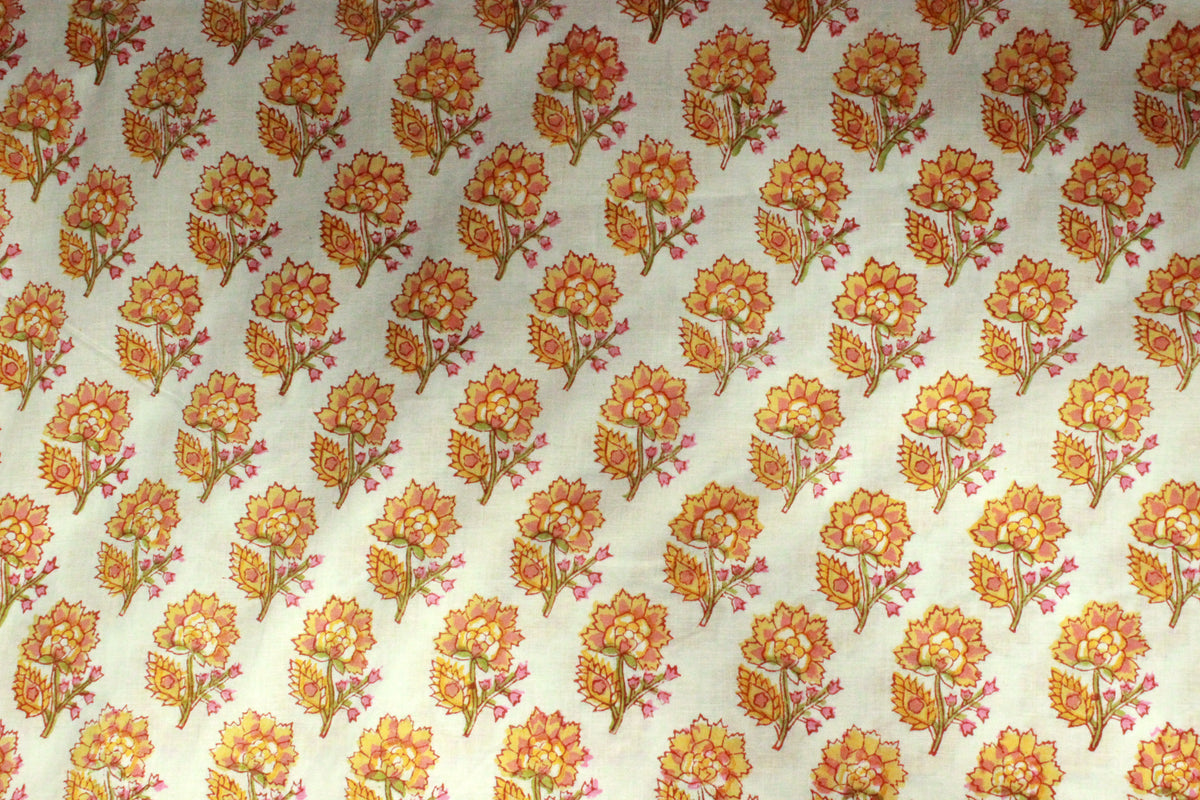 Orange Mughal Print Cotton Fabric By The Yard: Hand Block Printed