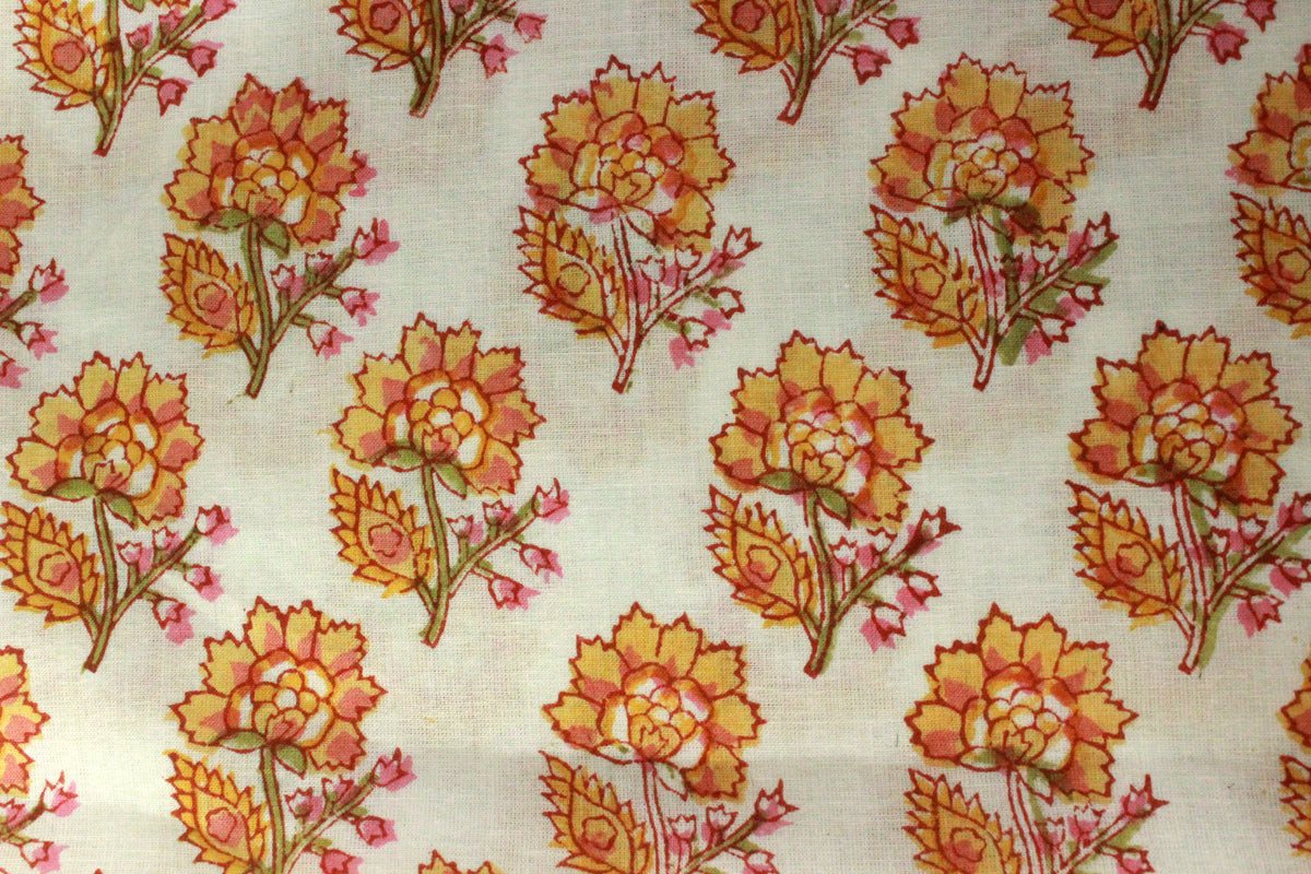 Orange Mughal Print Cotton Fabric By The Yard: Hand Block Printed