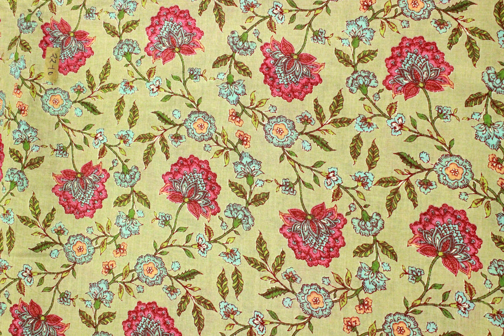 Mughal Print Cotton Fabric: Yellow & Pink Indian Block Print By The Yard