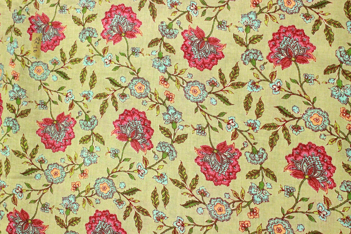Mughal Print Cotton Fabric: Yellow & Pink Indian Block Print By The Yard