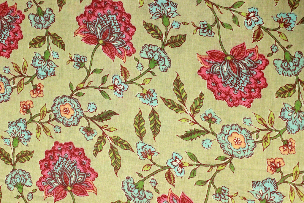 Mughal Print Cotton Fabric: Yellow & Pink Indian Block Print By The Yard