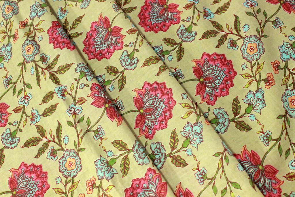 Mughal Print Cotton Fabric: Yellow & Pink Indian Block Print By The Yard