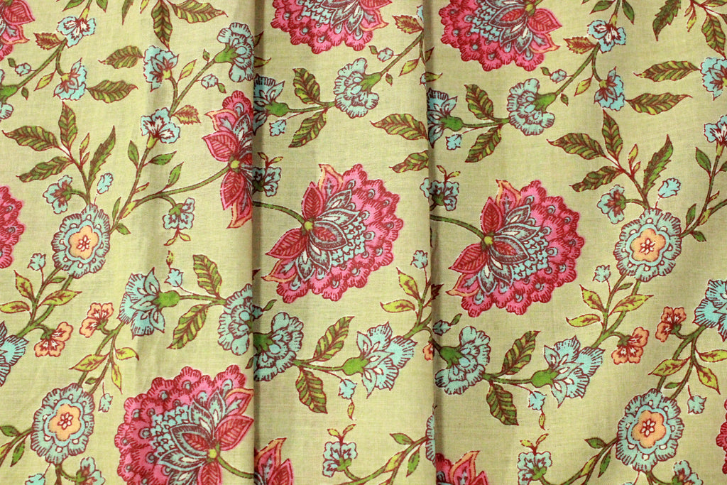 Mughal Print Cotton Fabric: Yellow & Pink Indian Block Print By The Yard