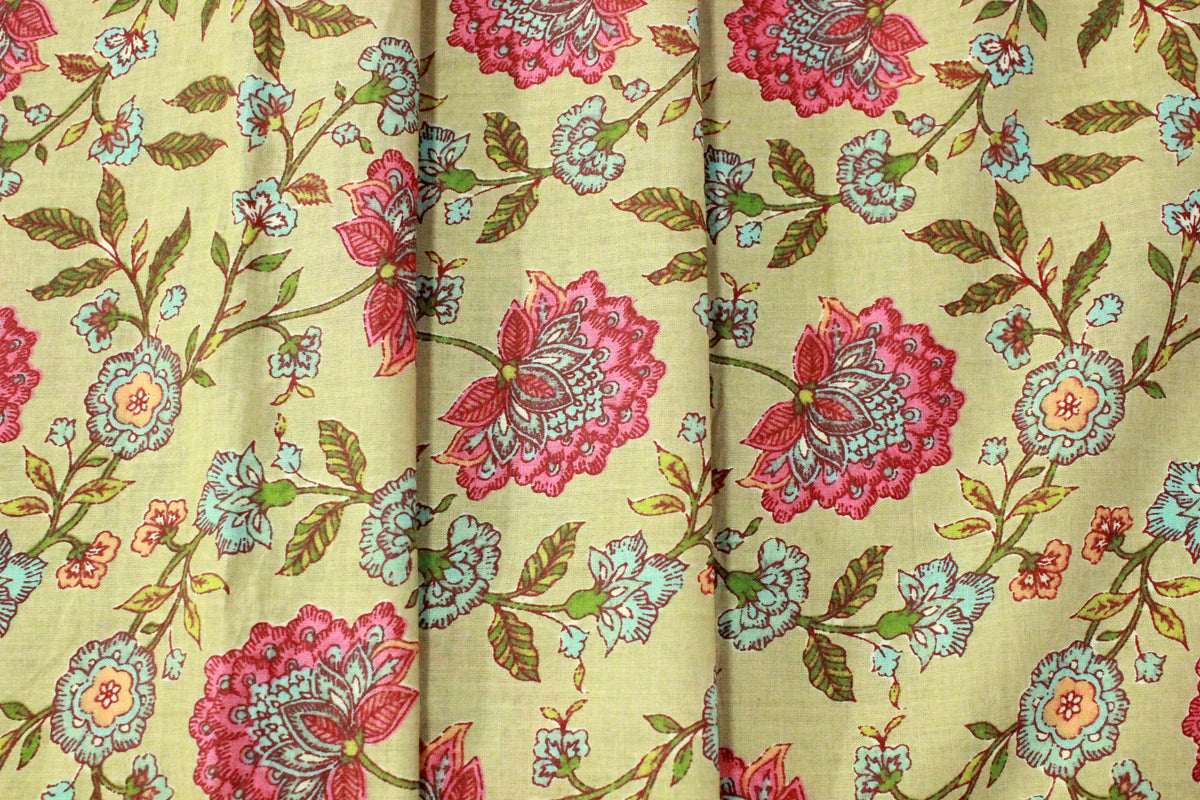 Mughal Print Cotton Fabric: Yellow & Pink Indian Block Print By The Yard