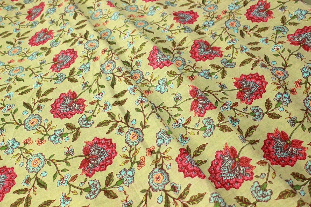 Mughal Print Cotton Fabric: Yellow & Pink Indian Block Print By The Yard