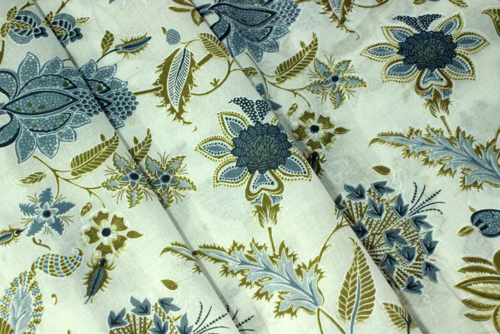 Blue Mughal Print Cotton Fabric: Indian Hand Block Print By The Yard