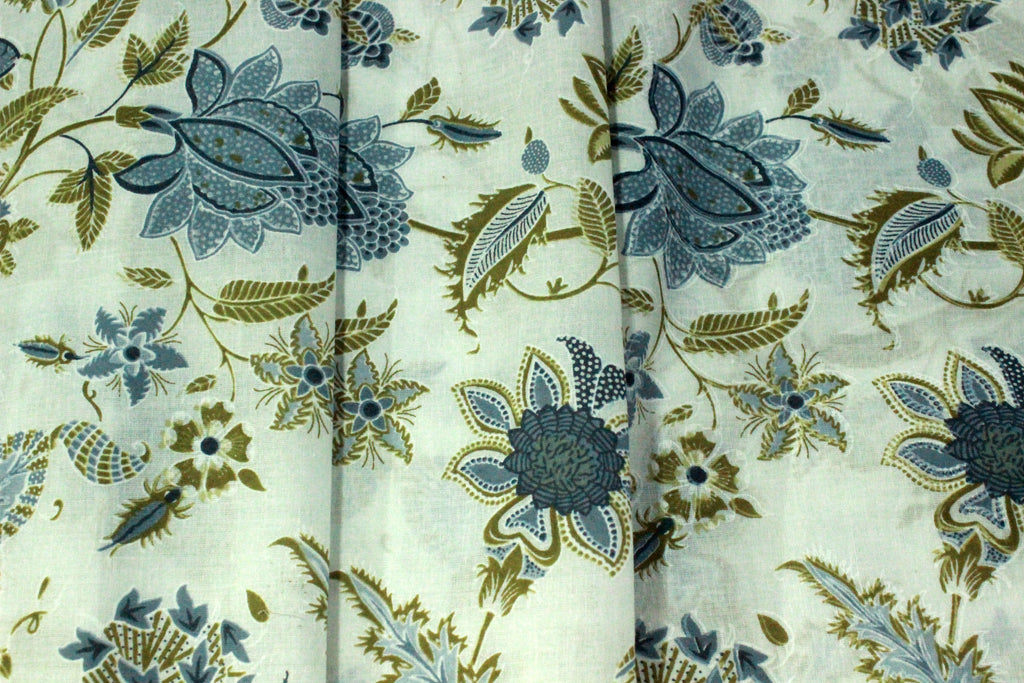 Blue Mughal Print Cotton Fabric: Indian Hand Block Print By The Yard