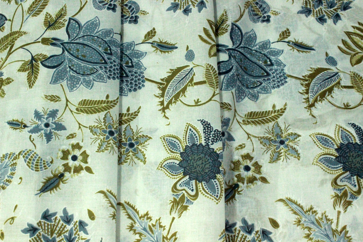 Blue Mughal Print Cotton Fabric: Indian Hand Block Print By The Yard